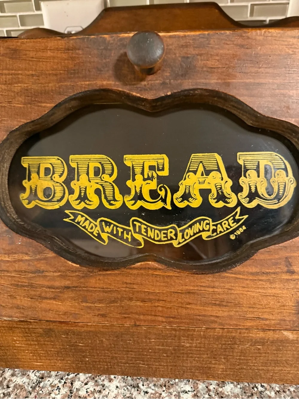 Wooden Bread Box with Yellow 'BREAD' Graphic